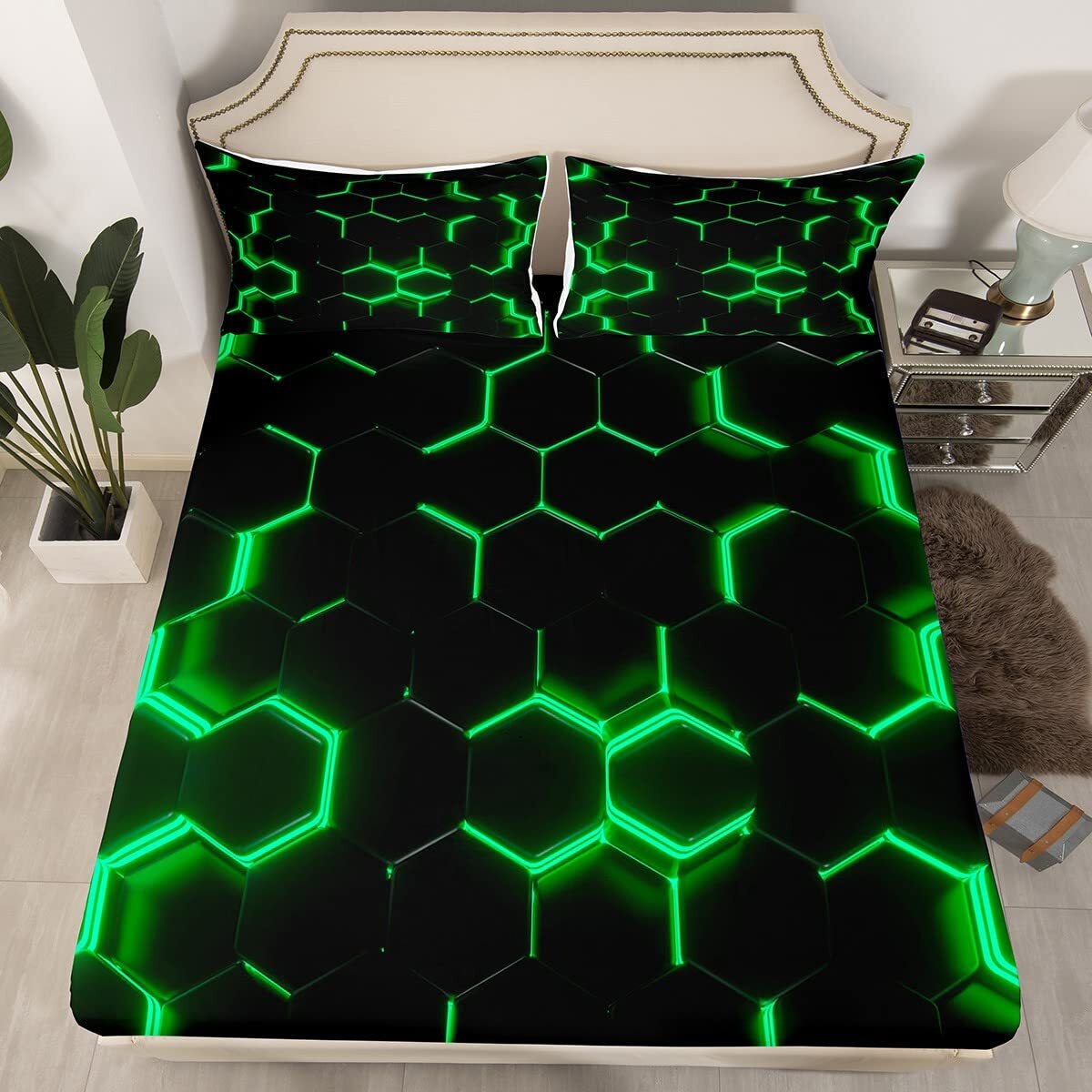 Honeycomb Bedding Sheets Twin Size,Geometry Hexagon Theme with Green Neon Lig...