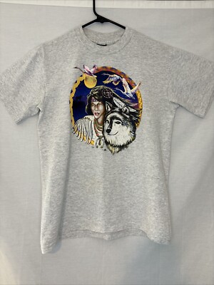 Vintage 90s Wolf Native American Tshirt Elisa Platinum Plus Sz M Made In USA