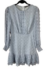 Simplee Mini Dress Light Blue Dot Long Sleeve Smocked S Small