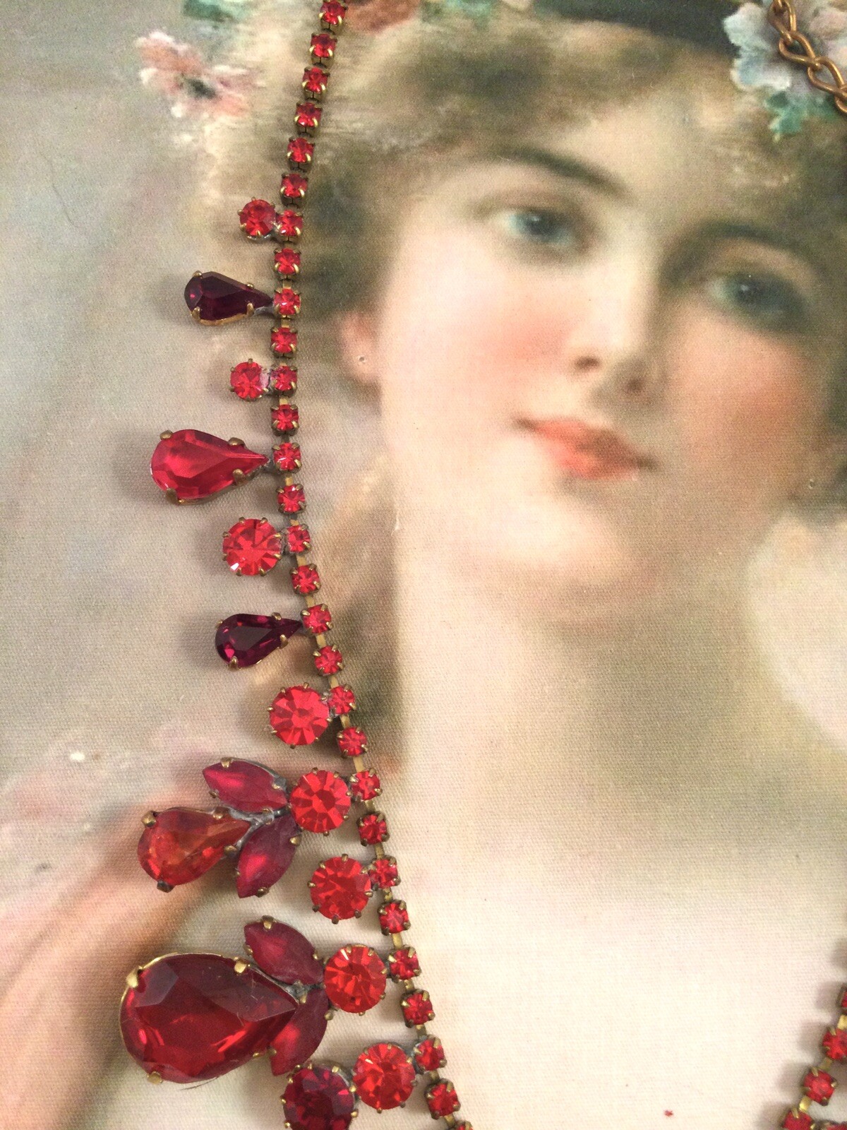 Vintage Jewellery Czech Ruby Glass Crystal Rhinestones Necklace Antique
