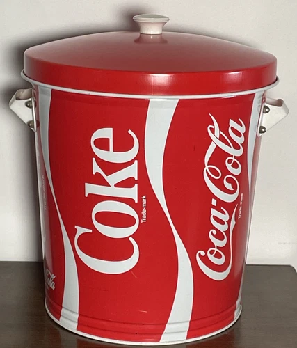 Vintage Coca Cola Metal Trash Can W Lid 19” x 15” Very Rare Collectible