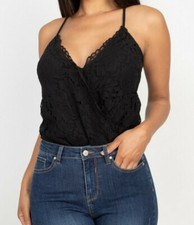 NEW IRIS BASIC SZ S Black LACE Overlay Spaghetti Strap Bodysuit
