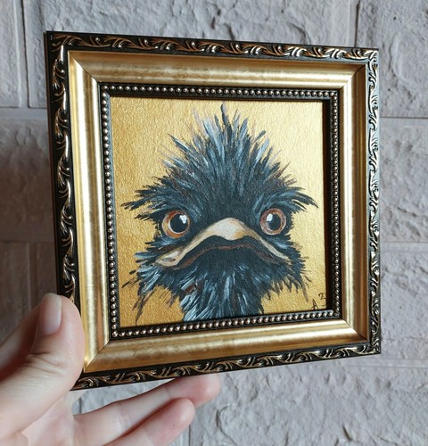 Pintura de avestruz original granja pájaro pintura al óleo pequeña obra de arte enmarcada en oro - Imagen 4 de 11