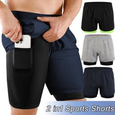 2 in1 Quick Dry Sports Men's Shorts Fitness Workout Running Shorts Pants Pockets
