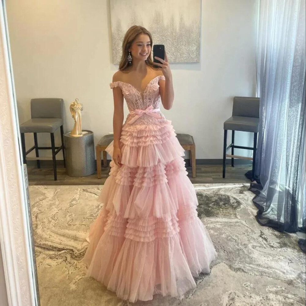 off the shoulder pink ruffle dress Glitter Pink Evening Dresses Off Shoulder Appliques Ruffles Backless Prom  Gowns