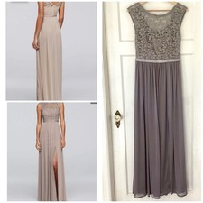 David's Bridal Long Bridesmaid Dress Lace Bodice Gray Size 2 F19328 Formal Prom