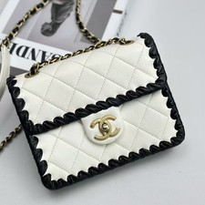Auth Chanel Classic Flap White Leather Black Braided Trim Gold HW