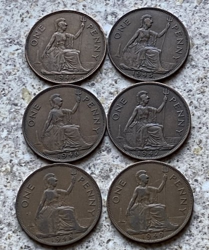Nice 1944 - 1949 Penny Coins George VI Date Run Group (6) JOB LOT 28 - Picture 1 of 11