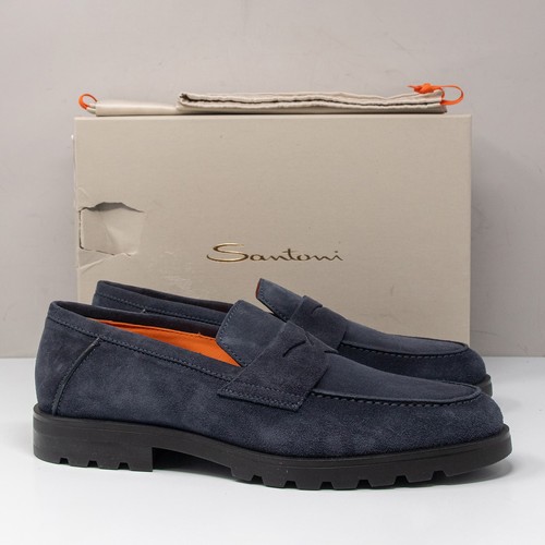 Santoni Rock Blue Suede Lug Penny Loafers, Men's 12 US (11 UK)