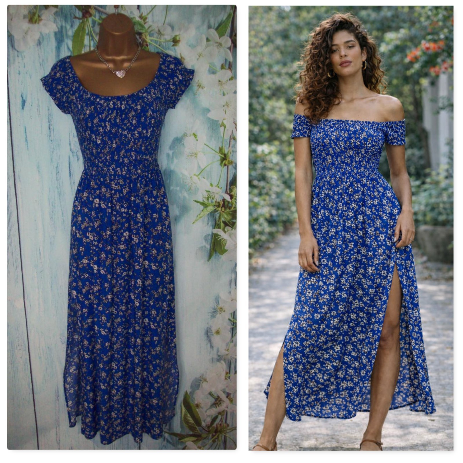 Maxi Vestido Bardot Floral Azul Cobalto Romano Talla 20 Fruncido Hombro Descubierto Dividido