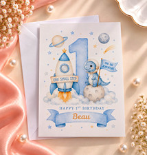 Created for Keeps Co. Personalised 1st Birthday Space Card Blue w/ Envelope