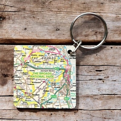 OS Map Wooden Square Key-ring - The Broads (General merchandise)