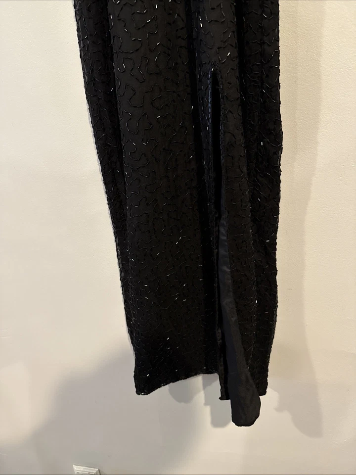Maxi Vestido Grande Vintage Años 80 Seda Cuentas Laurence Kazar Negro Plata Perlas Foto 4 de 4