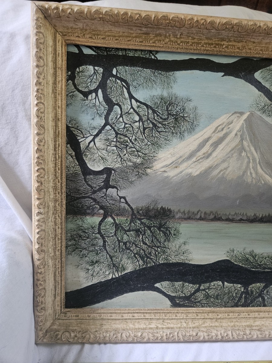 Vintage 1950s Oil Painting Mt. Fuji Landscape Signed Marilyn