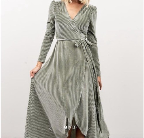 Baltic Born Sage Green Ribbed Velvet Wrap Maxi Dress Size Medium