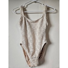 VTG 90s Baja Blue Crochet One Piece Swimsuit Metallic Gold Cream High Cut Size 6