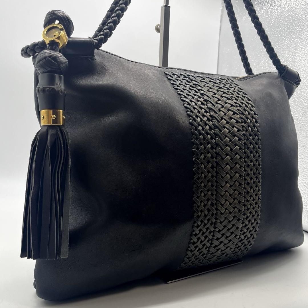 Gucci Intre Black Leather Woven Web Tote Bag 263952