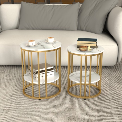 HOMCOM Marble-Effect Round Coffee Table Set of 2 for Living Room, Gold Tone - Picture 10 of 11