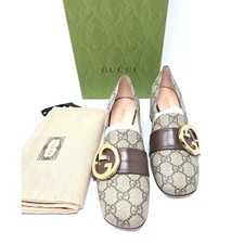 Gucci Blondie GG Supreme Monogram Logo Loafer Pumps Beige Brown 36.5 6.5 701711