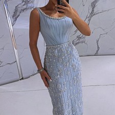 Elegant Dubai Arabia Pearls Mermaid Evening Dress for Women with Beaded Long HOT
