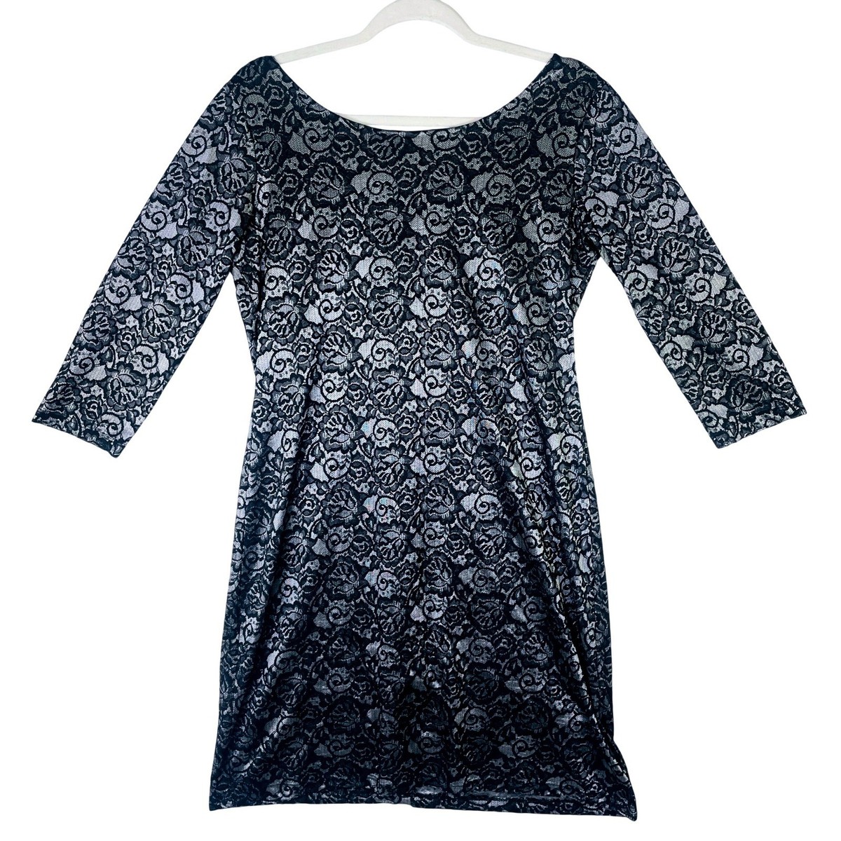 Rue 21 Black Lace Silver Metallic Bodycon Dress V-Back 3/4 Sleeve Large