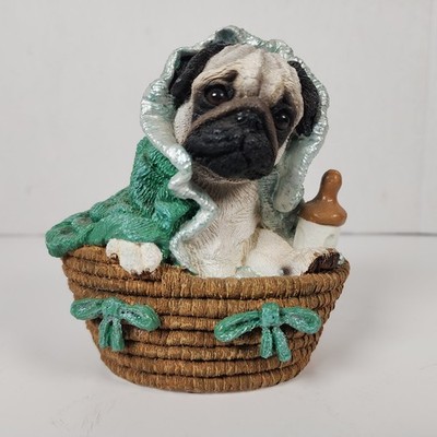 Vintage Living Stone Pug Puppy Figurine in Basket with Blanket & Bottle 1999