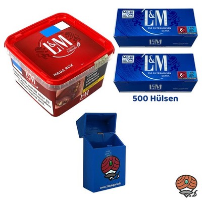 L&M Red/Rot Volumentabak Mega Box 195g + 500 L&M Blau Extra Hülsen + Box