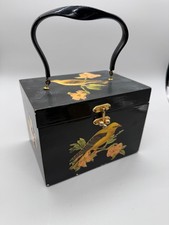 Vintage 1960's Decoupage Hand-Painted Wooden Purse Brass Hardware Acrylic Handle