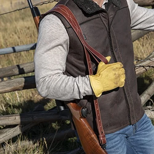 Western Scallop Leather Rifle Sling Adjustable Padded Design 28 Inch Brown - Image 2 of 4