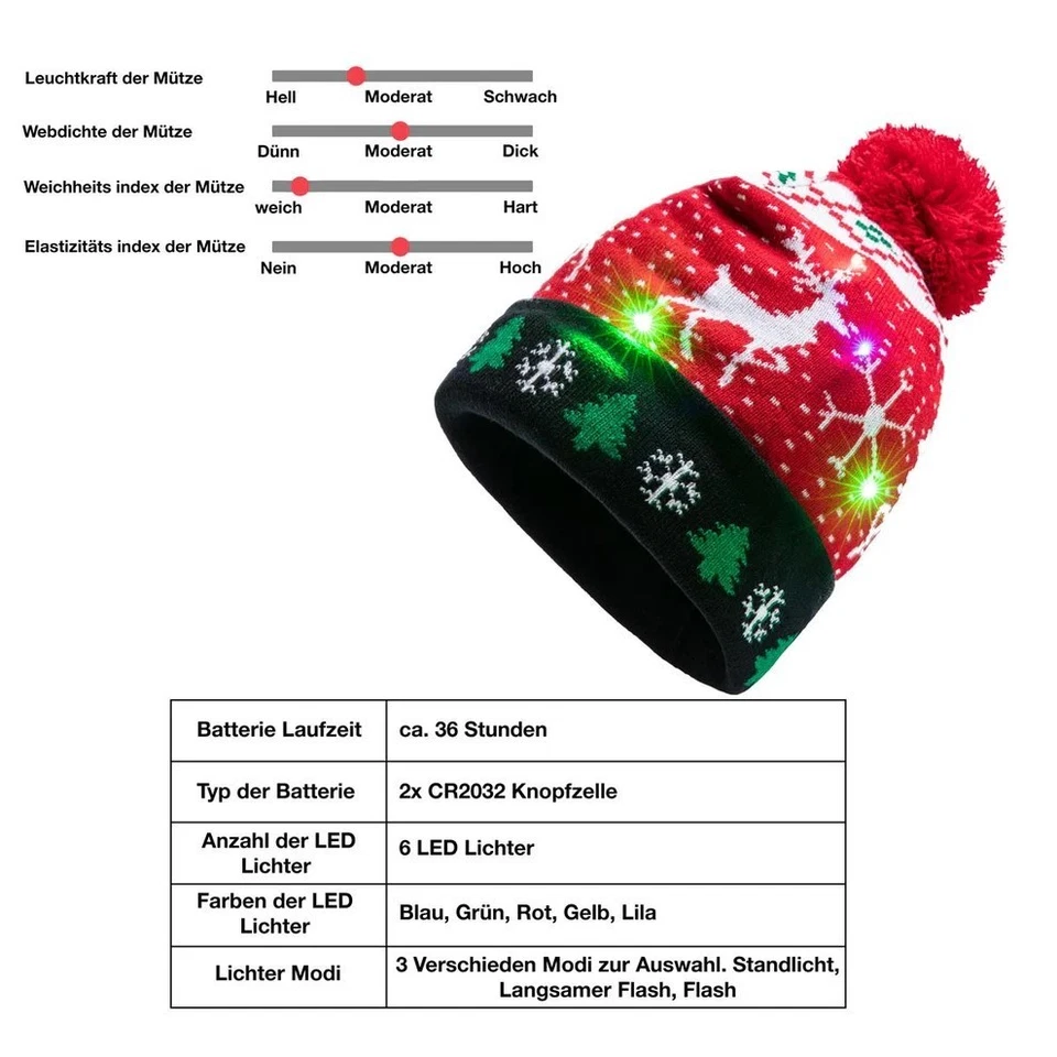 LED Mütze Rotes Rentier Weihnachtsmütze Weihnachten Bommel Beanie Strickmütze - Bild 4 von 4
