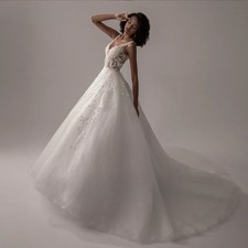 V Neck Sleeveless Wedding Dresses Women A Line Ivory Lace Bride Boho Bridal Gown