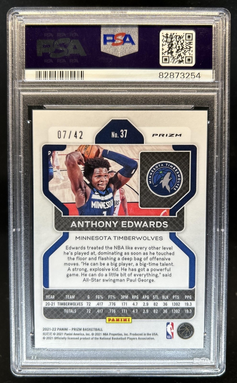 2021-22 Panini Prizm Anthony Edwards Pink Pulsar #/42 Timberwolves PSA 10 view 2