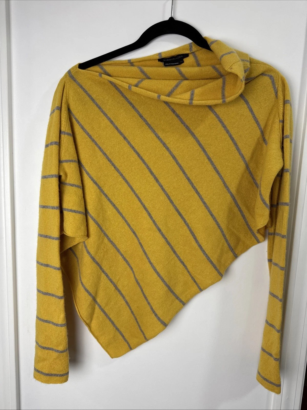 BCBGMAXAZRIA Cashmere Poncho Sweater Size M/L Yellow Gray Stripes Soft Comfy