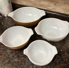 Vintage Pyrex Early American Cinderella Nesting Mix Bowl 4Pc Set Brown White EUC