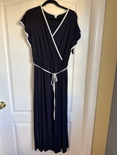 Womens Black Wrap Maxi Dress L White Trim Tie Waist Stretch Jersey Short Sleeve