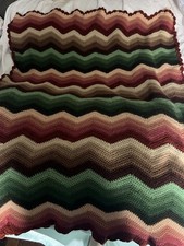Vintage Crocheted Afghan Throw Blanket Zig-Zag Chevron Hand-Made 36x48