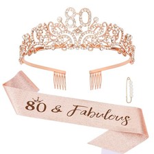 Rose Gold 80th Birthday Tiara and Sash Glitter Kit for Women - 80th Birthday