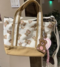 Cream Canvas Brown Teddy Bear Tote Bag W/Included Charms Shoulder & Hand Straps
