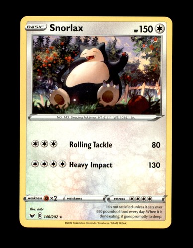 Snorlax 140/202 SWSH01: Sword & Shield Base Set Rare NM Pokemon