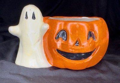 Vintage Halloween Ghost Jack'O Lantern Planter Ceramic Pumpkin Head Candy Bowl