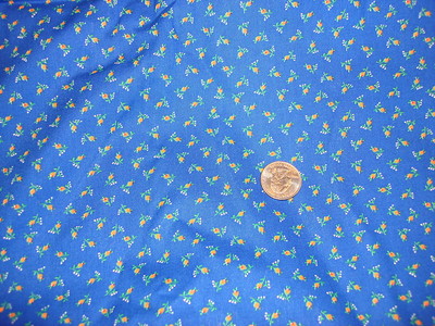 Vintage Cotton Fabric TINY ORANGE/RED FLORAL BUDS ON DARK BRIGHT BLUE 1 Yd