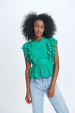Love The Label Lea High Neck Ruffle Blouse Top Kelly Green Women's Size L New