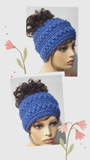 crochet womans handmade messy bun hat beanie puffs denim blue
