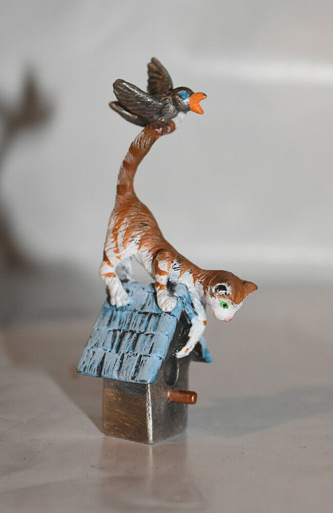 Pewter Cat Figurine on Birdhouse