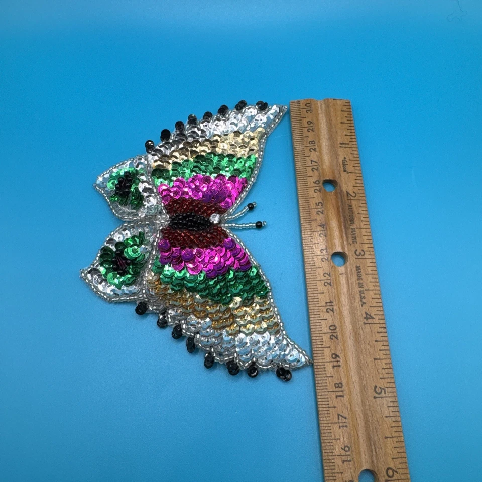 Beaded Sequin Radiant Rhinestone Butterfly Colorful Appliqué Patch Pin Brooch - Image 4 of 4