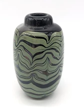 Hand Blown Art Glass John Byron Pulled Feather Bud Vase 1977 Signed Green Black
