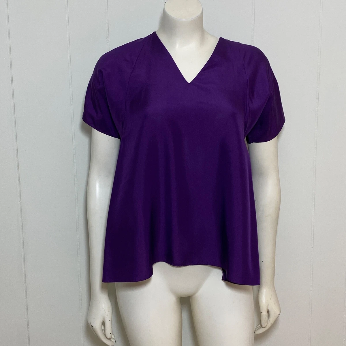COS Blouse Women's 2 Purple 100% Silk Short Sleeve Drape V