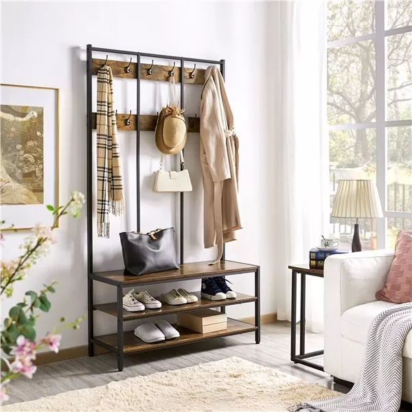 Industrial Coat Rack Hall Tree Entryway Shoe Bench Home Storage