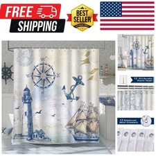Nautical Shower Curtain, Coastal Lighthouse Compass Anchor Sailboat Bathroom ...