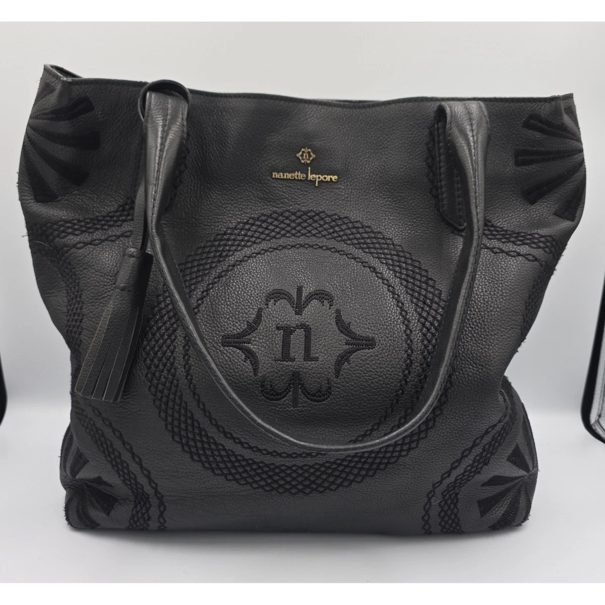 Nanette Lepore Black Leather Texture Convertabile Bag Or Backpack with Gold Logo Nanette Lepore Leather Exterior Black Bags & Handbags for  main image 2